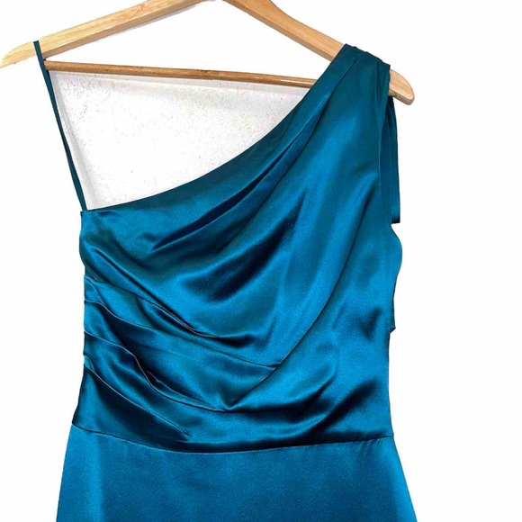 BADGLEY MISCHKA dress silk formal one shoulder SC0096 Grecian mini teal green 2 - Picture 6 of 13